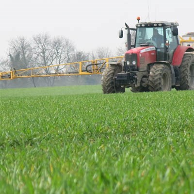 Farmer spraying field