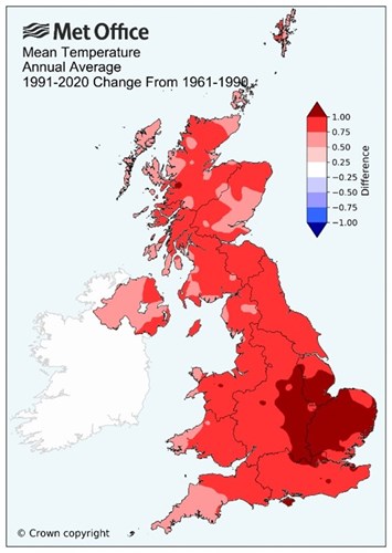 Mean temperature in the UK 2022